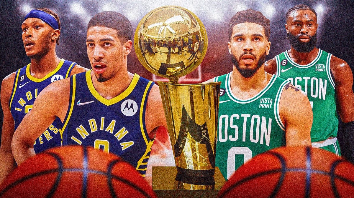 image idea: Jayson Tatum and Jaylen Brown lined up across from Tyrese Haliburton and Myles Turner with the NBA In-Season Tournament trophy (or NBA Cup) in the middle of them