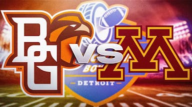 bowling Green logo on one side, Minnesota logo on other side, VS. text in middle, football field in background, Quick Lane Bowl logo