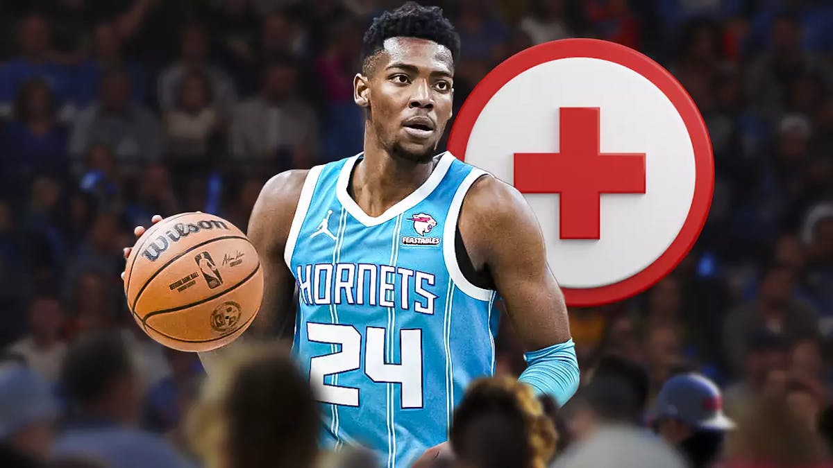 Brandon Miller with the Hornets arena in the background, include an injury/medical red cross