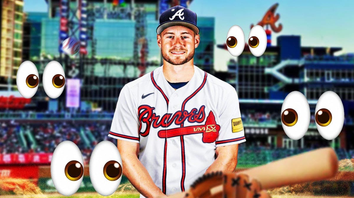 Jarred Kelenic in a Braves uniform with eyeball emojis around him