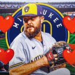 The Brewers logo and Wade Miley with hearts around both