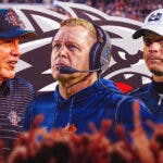 Coaches Bronco Mendenhall, Matt Wells, Rocky Long in the foreground. Background is a New Mexico logo.