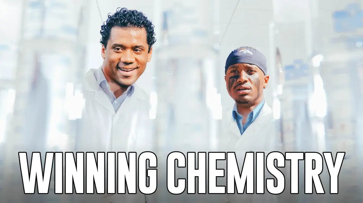 Russell Wilson and Courtland Sutton as scientists holding beakers. Winning chemistry text featured