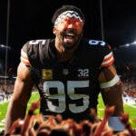 ACTION SHOT of Myles Garrett of the Browns with WOKE EYES