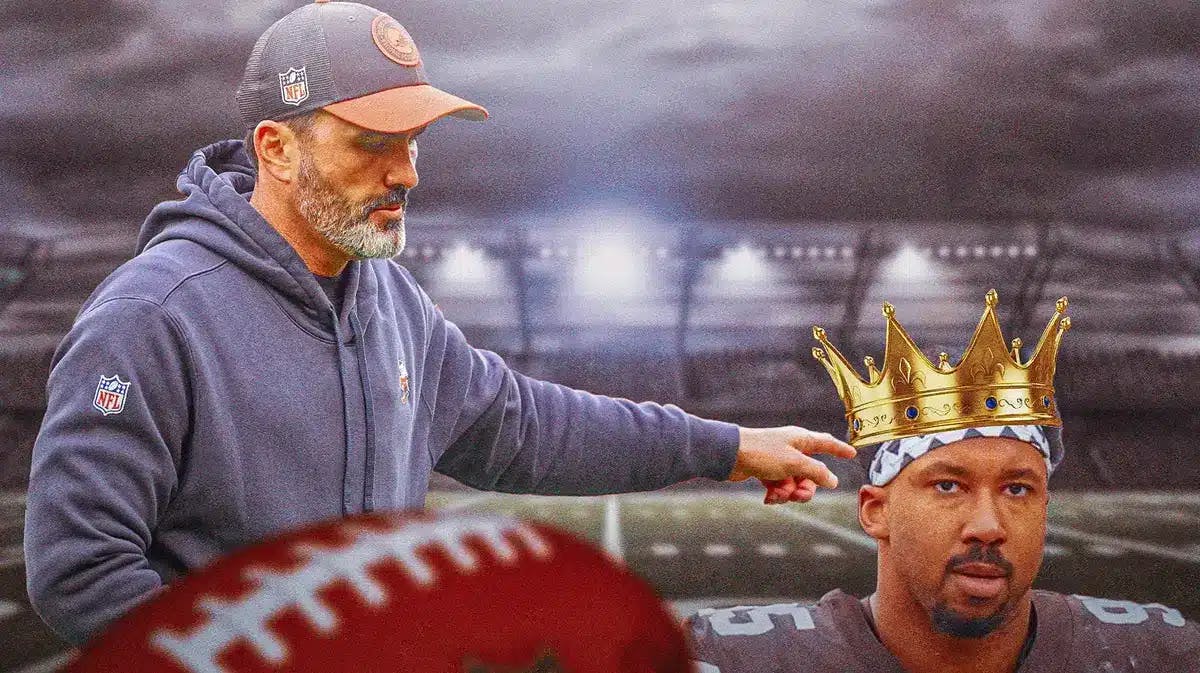 Cleveland Browns coach Kevin Stefanski crowning Myles Garrett the Defensive Player of the Year