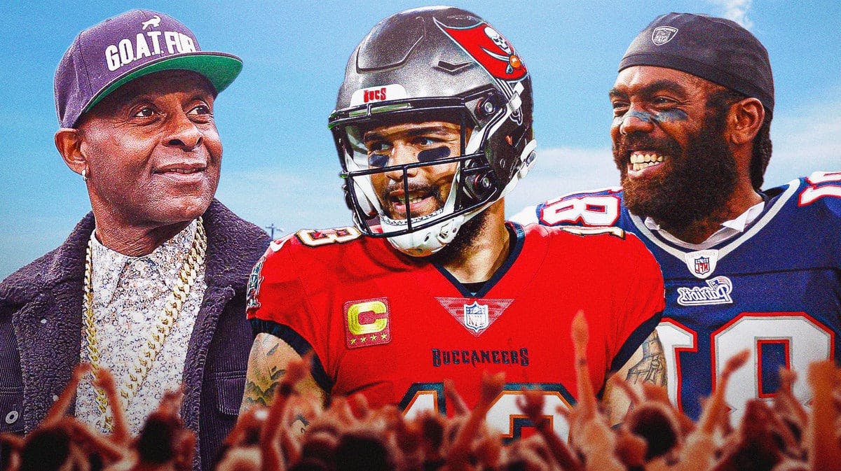 Buccaneers' Mike Evans hyped up, with 49ers' Jerry Rice smiling and Patriots' Randy Moss celebrating