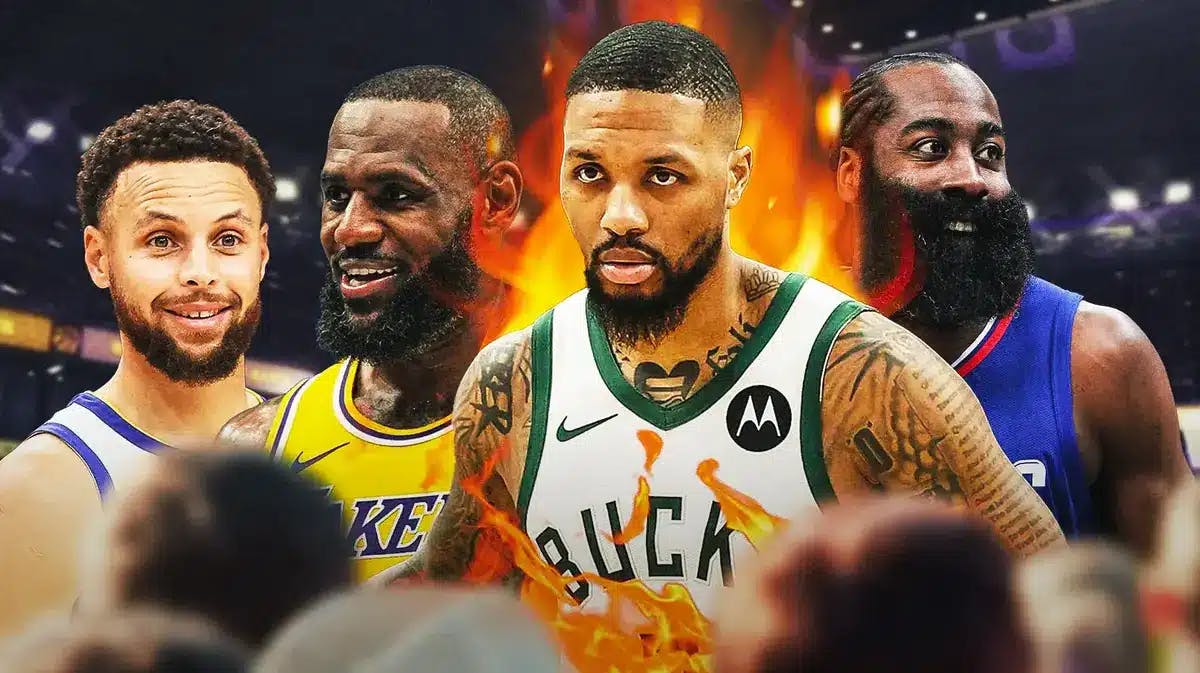 Bucks' Damian Lillard on fire, with Lakers' LeBron James, Warriors’ Stephen Curry, and Clippers' James Harden all smiling