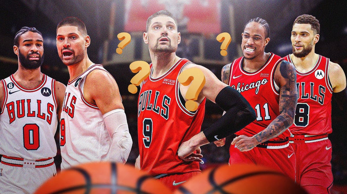 Bulls' Nikola Vucevic celebrating with Coby White on the left, with Vucevic confused in the middle with question marks around him, with a picture of Zach LaVine and DeMar DeRozan together on the right