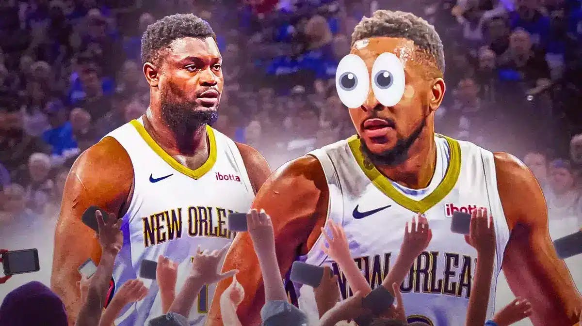 CJ McCollum (Pelicans) with woke eyes, Zion Williamson in the background