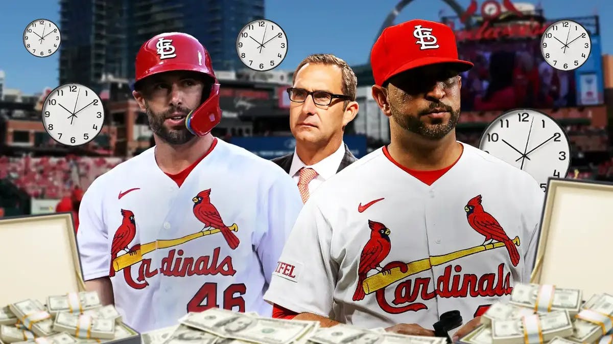 Cardinals' John Mozeliak, Paul Goldschmidt, and Oliver Marmol with plenty of suitcases full of cash and clocks around them
