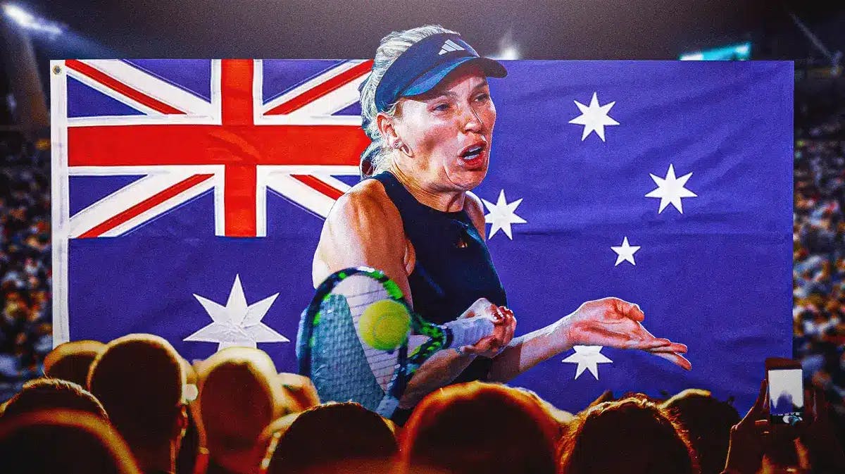Women’s tennis player Caroline Wozniacki with tennis gear, with an Australian flag in the background