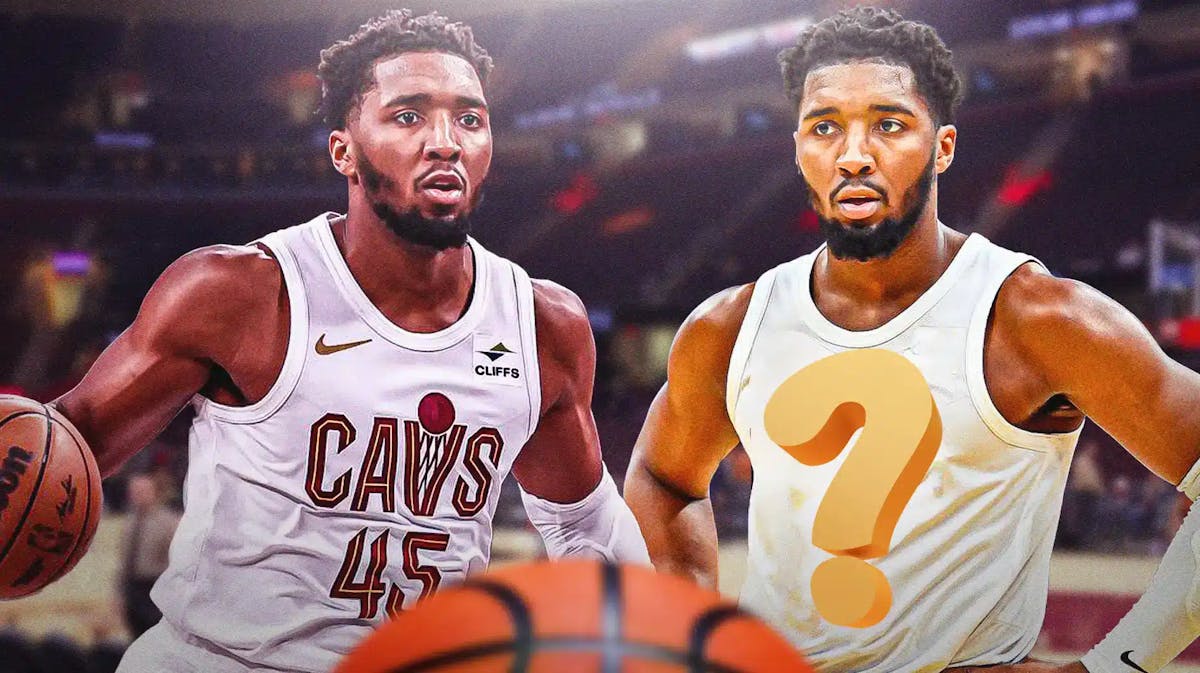 Donovan Mitchell in a Cavs jersey and in a blank jersey with a question mark on it