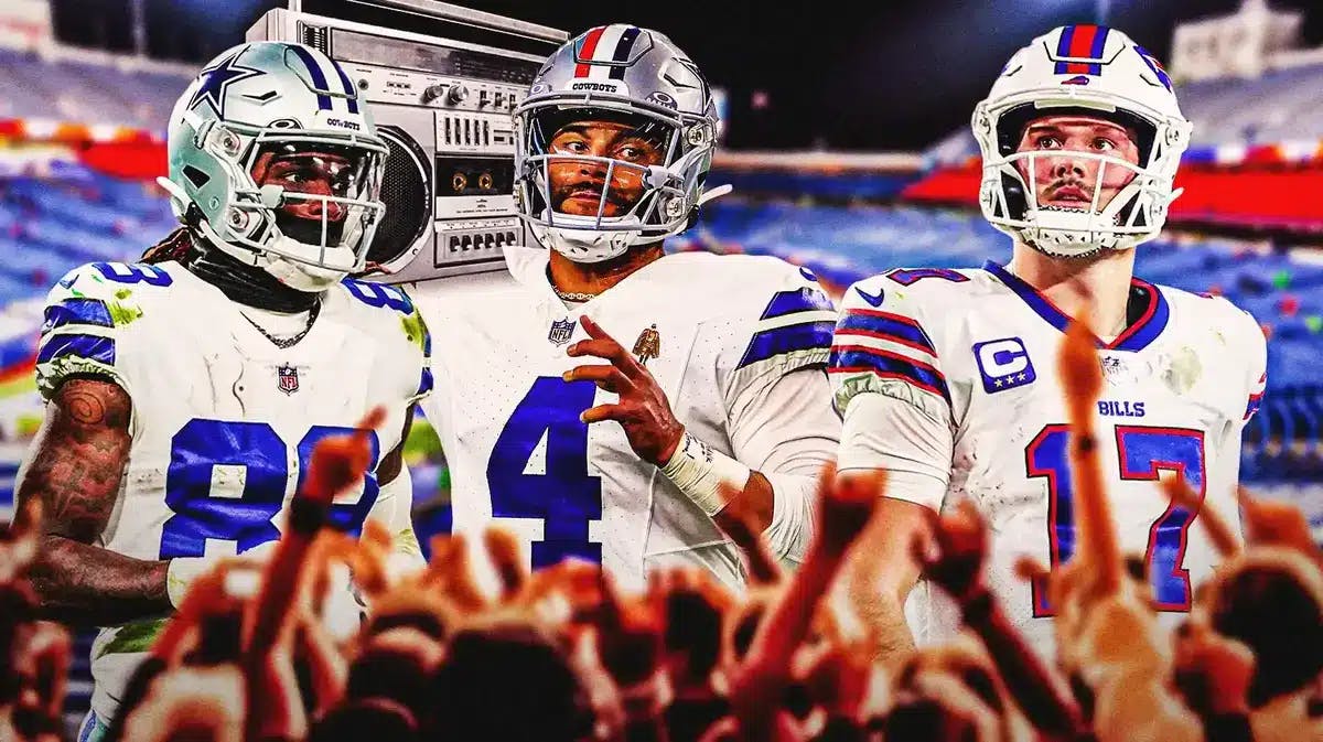 Thumb: Cowboys' CeeDee Lamb, Dak Prescott holding a boombox. Josh Allen looking confused, background is Bills stadium.