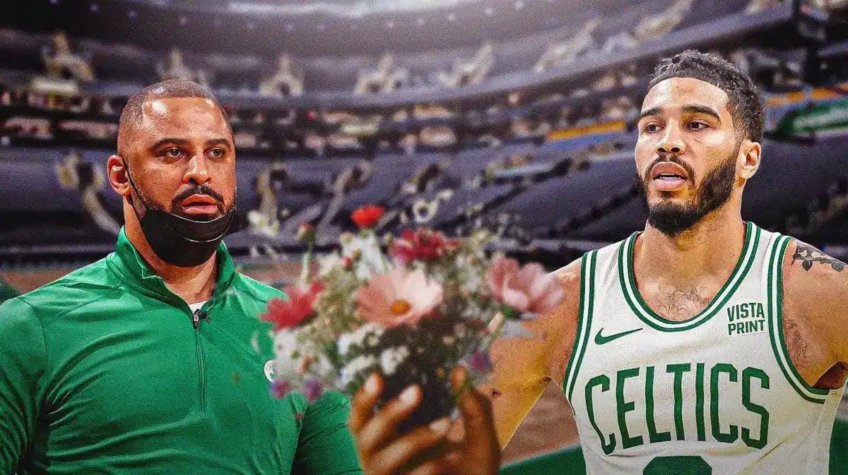 Photo: Ime Udoka coaching Celtics, Jayson Tatum in Celtics jersey handing him flowers