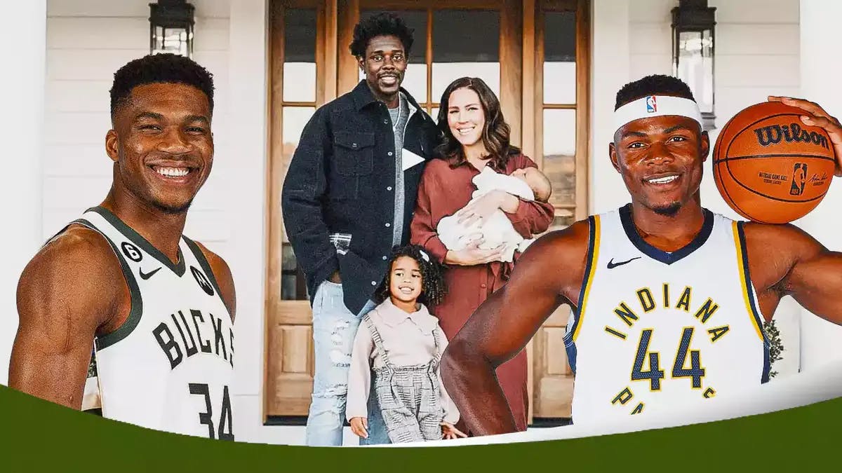 : A picture of Celtics' Jrue Holiday and his entire family (wife, two kids), with Bucks' Giannis Antetokounmpo and Pacers' Oscar Tshiebwe smiling