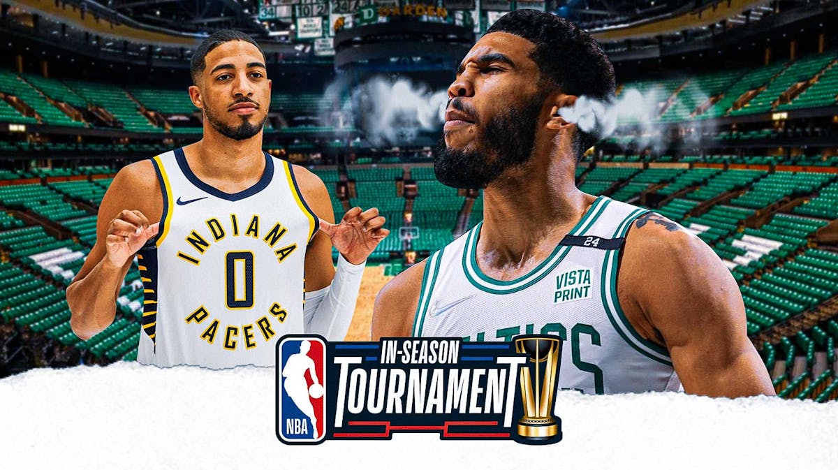 Celtics Jayson Tatum and Pacers Tyrese Haliburton with NBA In-Season Tournament logo