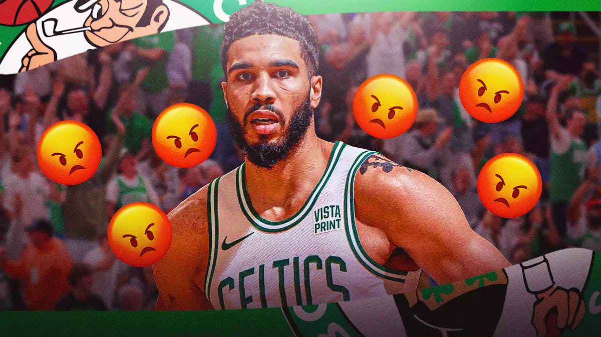 Jayson Tatum looking frustrated with the Celtics crowd and angry emojis behind him, Pistons