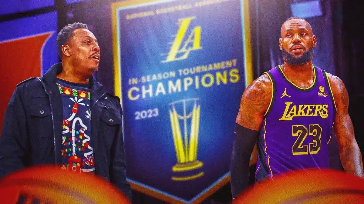 Lakers' 2023-24 In-Season Tournament championship banner in background. Lakers' LeBron James on right, Paul Pierce (normal clothes) on left.