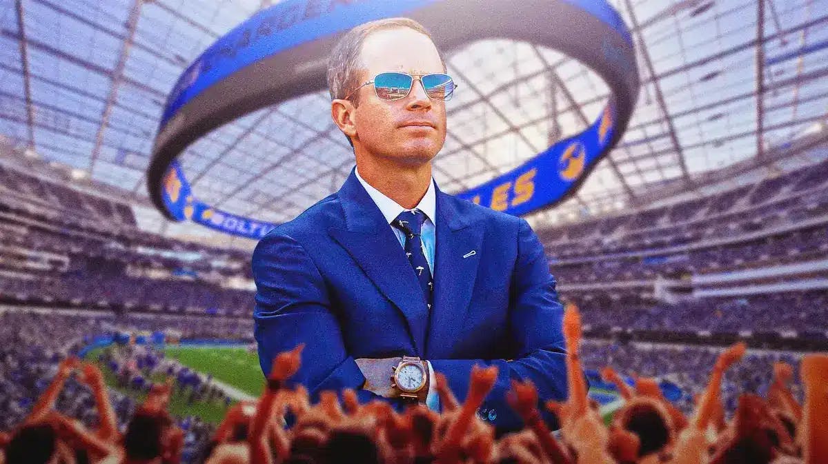 Photo: John Spanos with SoFi Stadium behind him and Chargers fans