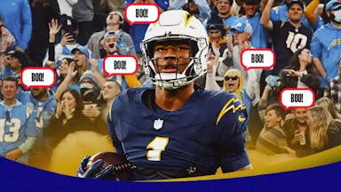 LA Chargers' Quentin Johnston looked sad/mad/dejected and fans behind him in Chargers gear/colors looking mad. Also, please put a few speech bubbles with “Boo!” coming from the fans directed at Johnston.