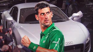 Novak Djokovic in front of a car from his collection.