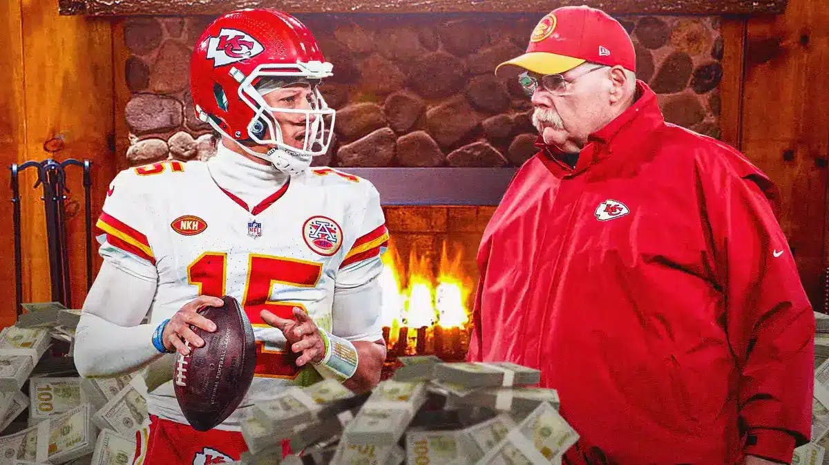 Chiefs' Patrick Mahomes and Andy Reid shoveling some money into a furnace