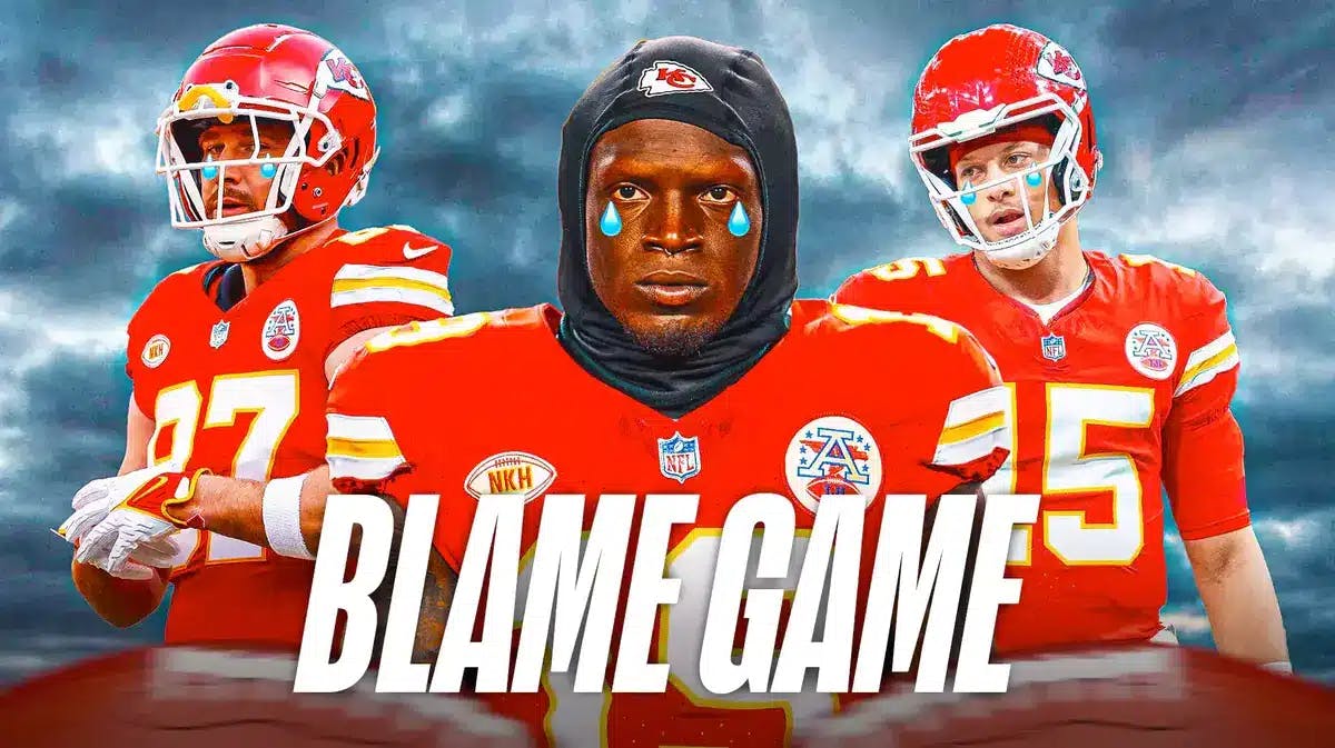 Patrick Mahomes, Kadarius Toney, Travis Kelce all with tear emojis 💧 and with gray skies in the background.