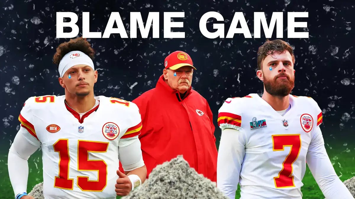 Patrick Mahomes, Andy Reid, Harrison Butker all with tear emojis 💧 and with ashes in the background.