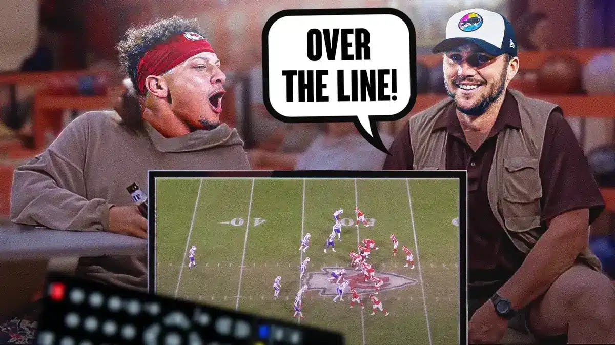 Thumb: Josh Allen edited into the guy with watch, Patrick Mahomes edited into the guy with a beer. . Allen saying, “OVER THE LINE!”. Add insert of Chiefs' game image in the middle.