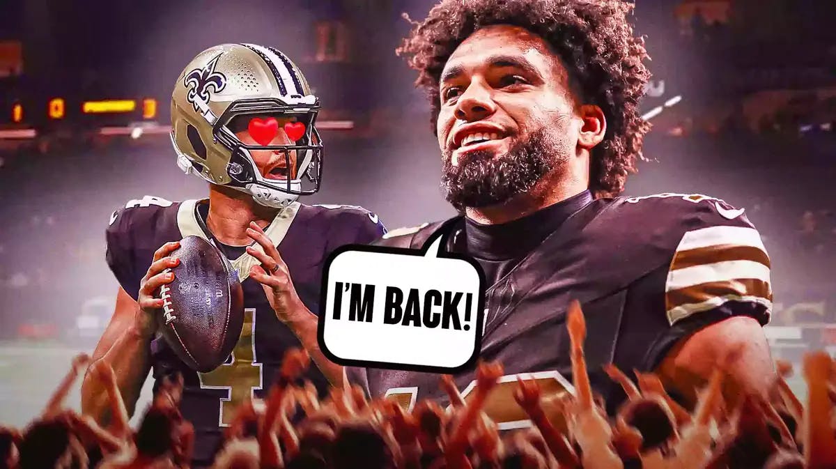 Chris Olave on one side with a speech bubble that says “I’m back!” Derek Carr on the other side with hearts in his eyes