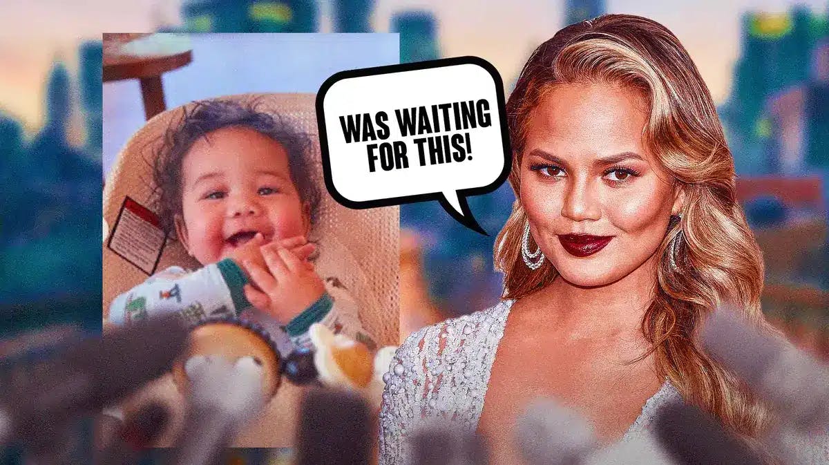 Chrissy Teigen alongside image she posted of her baby, and Teigen has speech bubble, “Was waiting for this!”