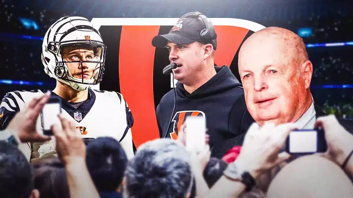 Joe Burrow in middle of image looking stern, head coach Zac Taylor and GM Paul Brown on either side, CIN Bengals logo, football field in background