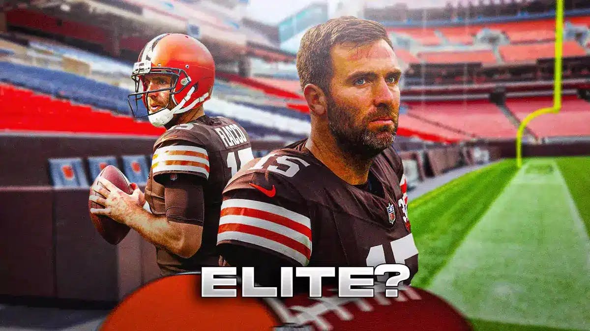Joe Flacco in a Browns uniform with text across the screen that says “Elite?”