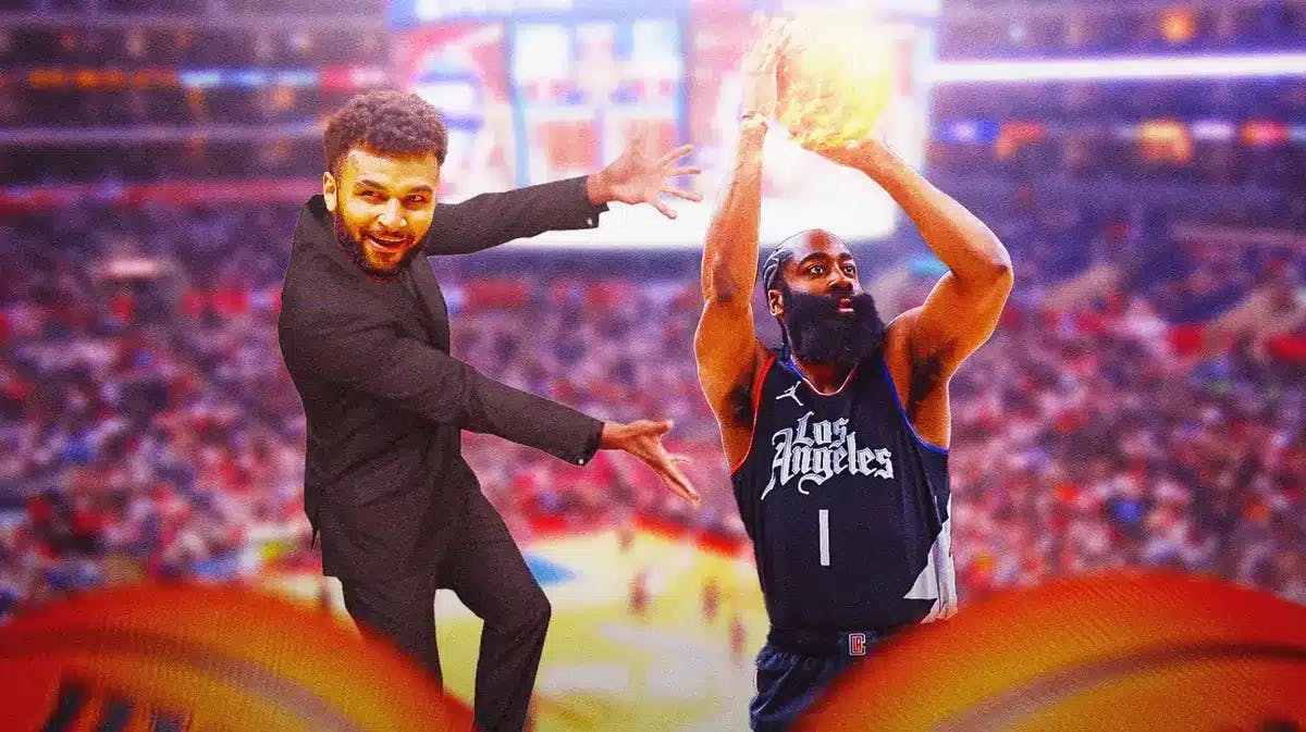 Clippers' James Harden shooting a fireball, with Nuggets' Jamal Murray in the Will Smith showing off meme