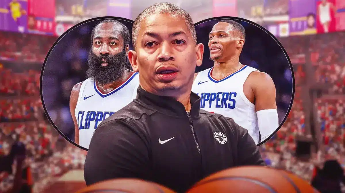 Tyronn Lue with a venn diagram, with Clippers' James Harden and Russell Westbrook in the separate circles