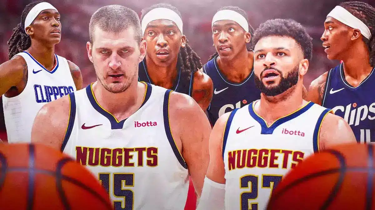 Nuggets' Nikola Jokic and Jamal Murray looking confused with many clones of Clippers' Terance Mann surrounding them