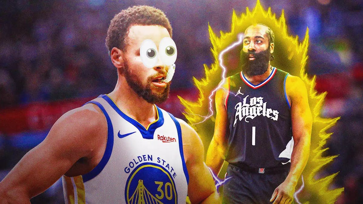 Warriors' Stephen Curry with big bulging eyes looking at Clippers' James Harden
