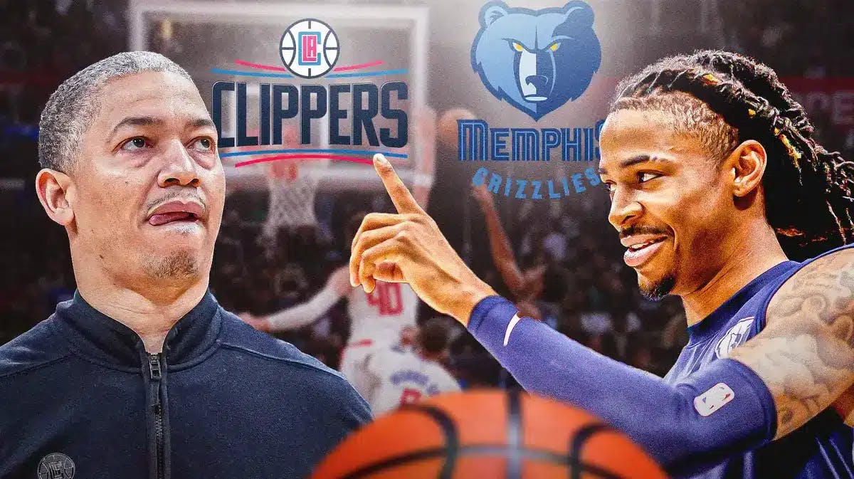 Tyronn Lue on one side of image, Ja Morant on other side, Clippers and Grizzlies logos, basketball court in background