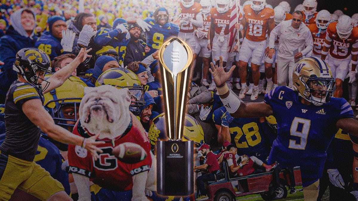 The College Football Playoff trophy in front of a collage of notable moments from the college football season