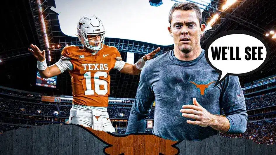 Colt McCoy in Texas gear saying “We’ll see” looking at Arch Manning