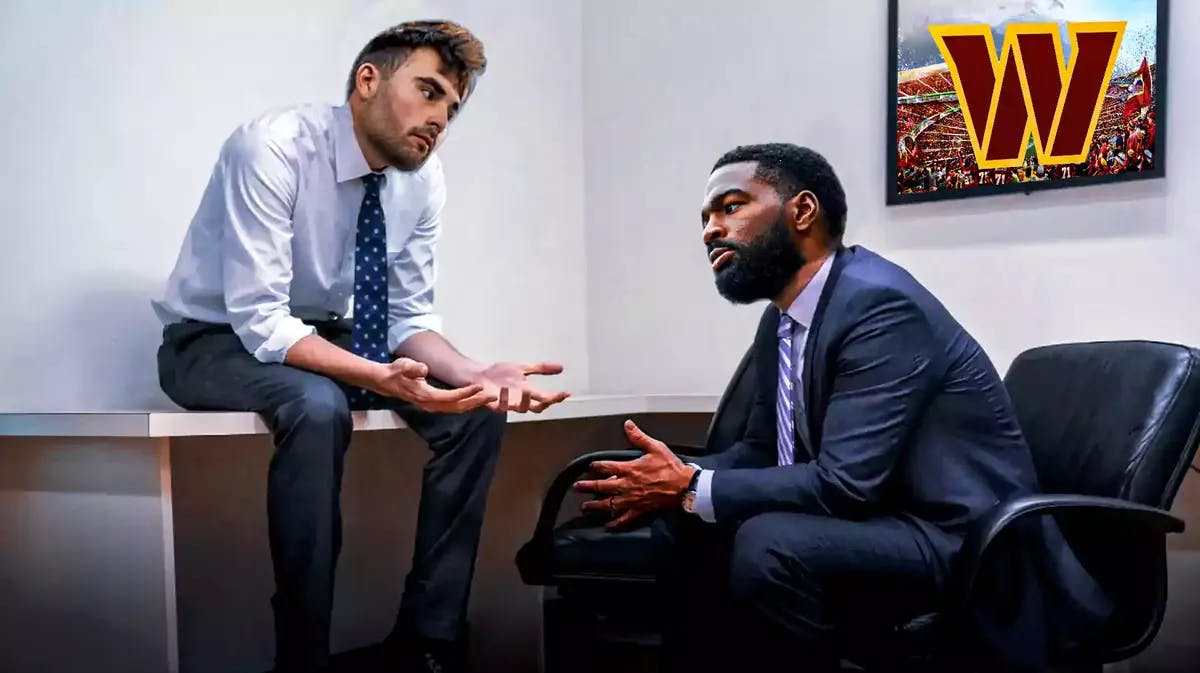 Jacoby Brissett (Commanders) as the guy on RIGHT and Sam Howell as guy on LEFT sitting on the table