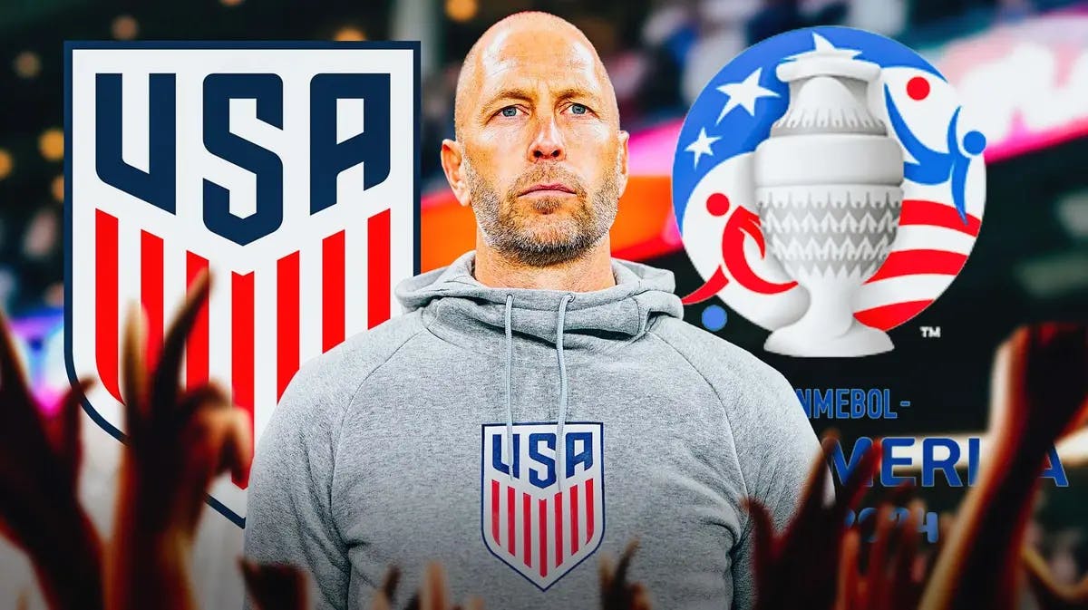 Gregg Berhalter in front of the USMNT and Copa America logos