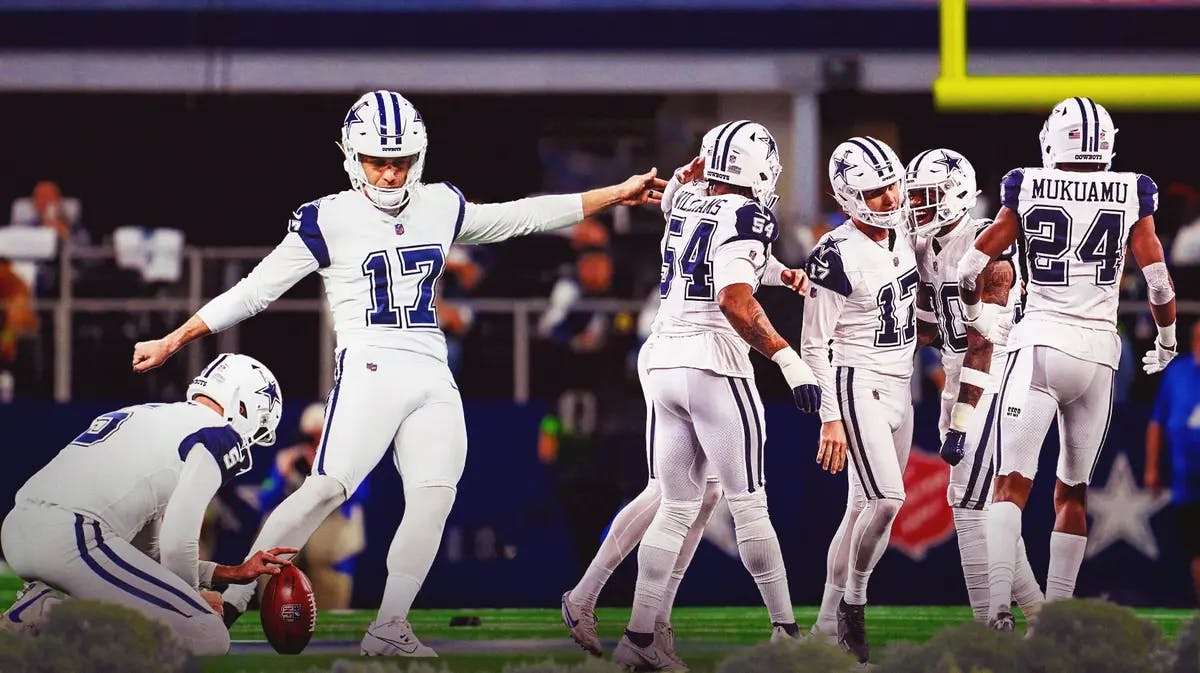 Cowboys' Brandon Aubrey celebrating with his team on the right, with a picture of him kicking the football on the left