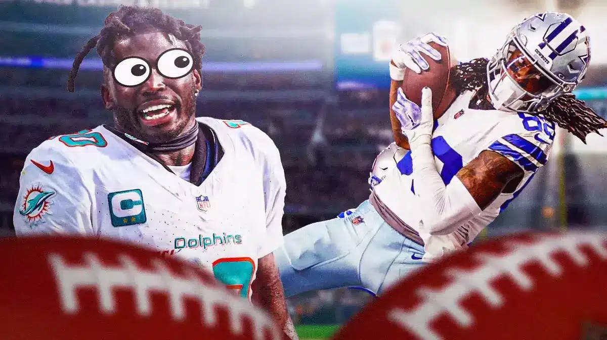 CeeDee Lamb catching a pass in Dolphins jersey, Tyreek Hill with peeping eyes looking at Lamb in Dolphins jersey