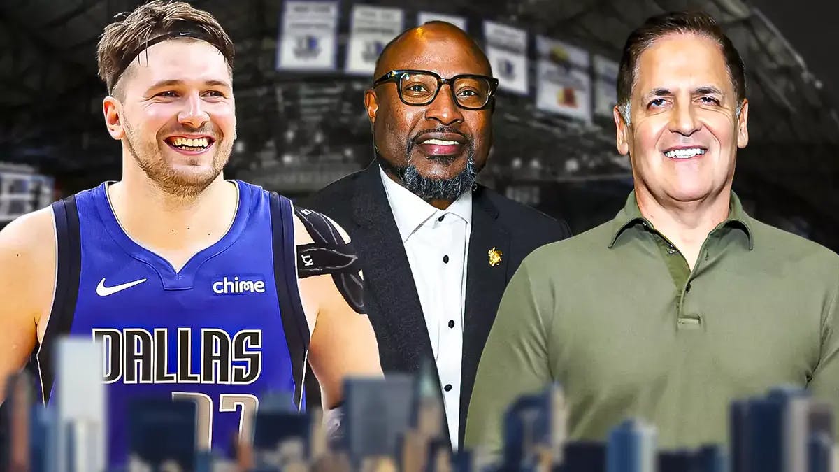 Luka Doncic with new Mavs owners Patrick Dumont and Mark Cuban