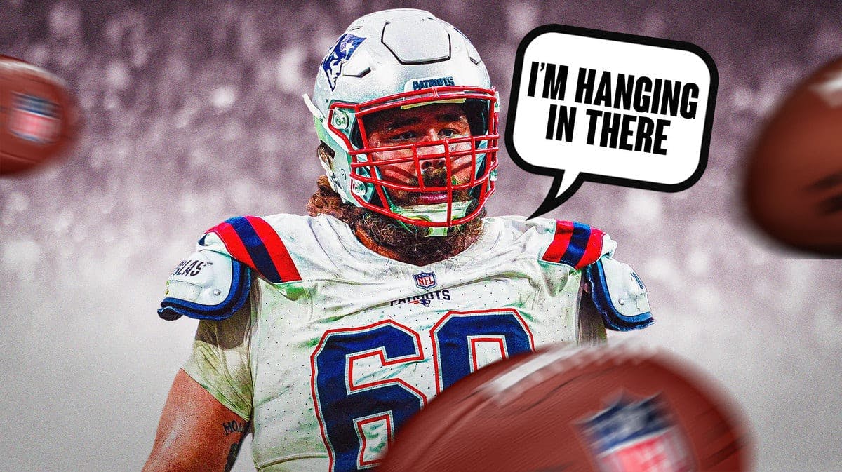 Patriots center David Andrews with quote bubble saying "I'm hanging in there"