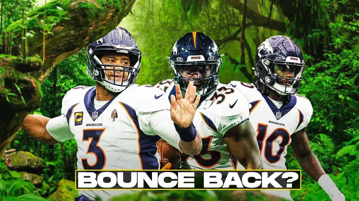 Russell Wilson, Javonte Williams, Jerry Jeudy all beside each other with the jungle in the background.