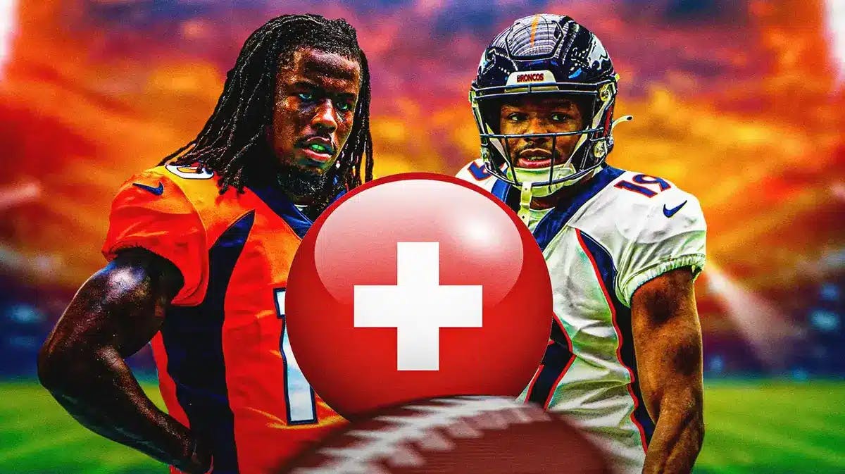 Denver Broncos receivers Jerry Jeudy and Marvin Mims Jr. and a medical cross/logo in between them in the image.