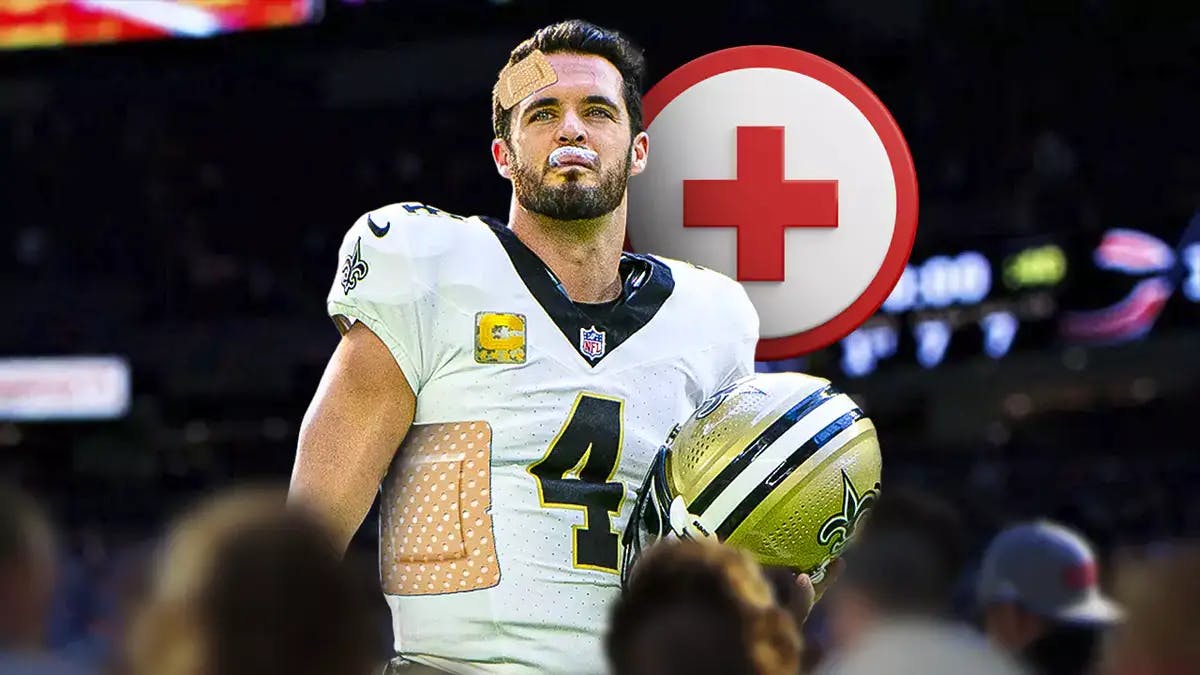 New Orleans Saints' Derek Carr with multiple oversized bandages over his ribs and head to signify he has several injuries.