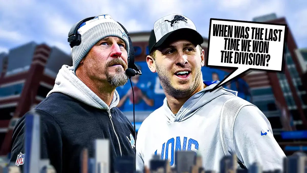 Dan Campbell, Jared Goff, asking when the last time the Lions won a division title